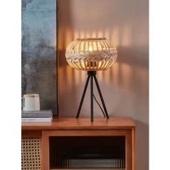 Eglo AMSFIELD 1 Tafellampen staal zwart / Hout natuur H: 410 mm | Ø 260 mm Best