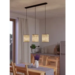 Eglo BUTTERBURN hanglamp staal zwart / textiel met berkenbladeren beige, groen H: 1100 mm Outlet