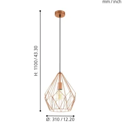 Eglo CARLTON hanglamp staal koperkleuren H: 1100 mm | Ø 310 mm