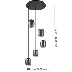 Eglo CIAMPINO hanglamp staal zwart / glas gestoomd grijs H: 1500 mm | Ø 540 mm Discount