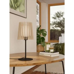 Eglo FATTORIA Tafellampen staal zwart / hout, textiel natuur, wit H: 450 mm | Ø 200 mm Discount