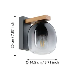 Eglo FILAGO Wandlamp hout, staal bruin, zwart / Glas zwart, grijs, transparant H: 200 mm Clearance