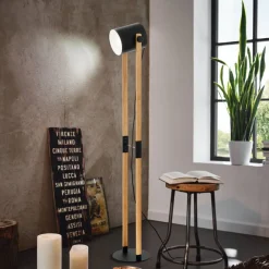 Eglo HORNWOOD Staande lampen staal zwart, crème / Hout bruin H: 1400 mm Best