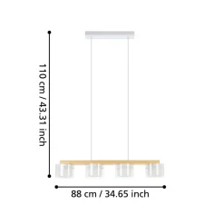 Eglo PORTICO-Z hanglamp staal, hout wit, bruin / staal, glas wit, helder H: 1100 mm Discount