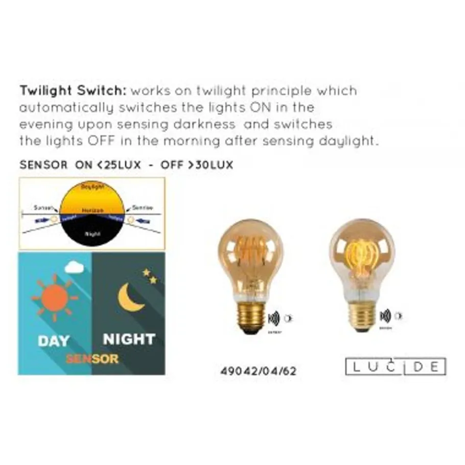 Lucide A60 TWILIGHT SENSOR - Filament lamp Buiten - Ø 6 cm - LED - E27 - 1x4W 2200K - Amber Discount