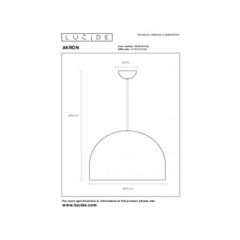 Lucide AKRON Hanglamp-Mat Go.-Ø50-1xE27-40W-Metaal Outlet