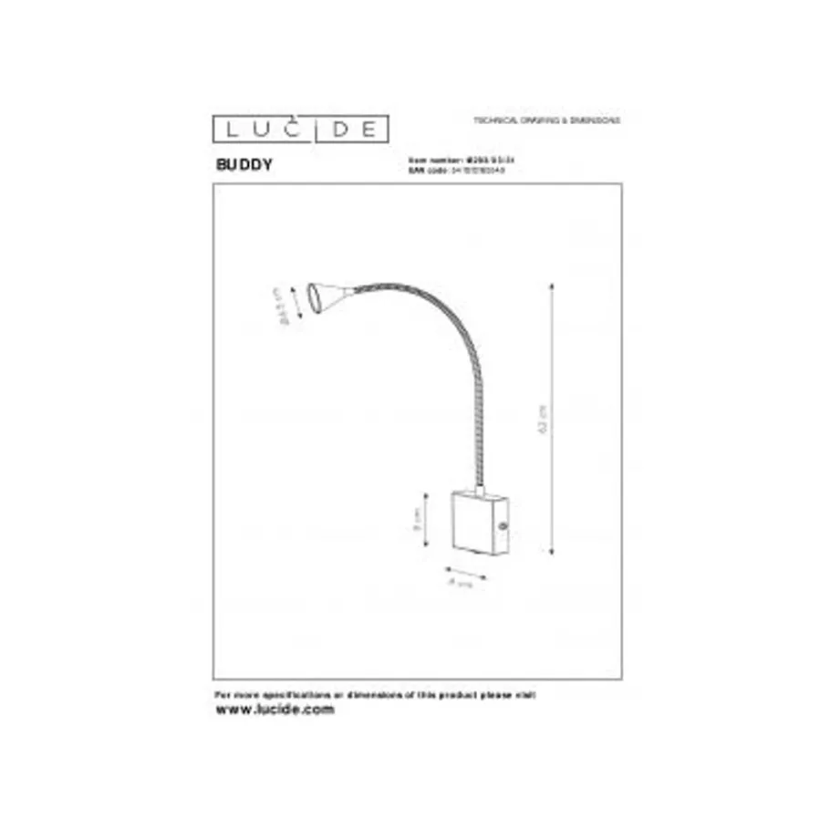 Lucide BUDDY - Bedlamp - LED - 1x3W 4000K - Wit Sale