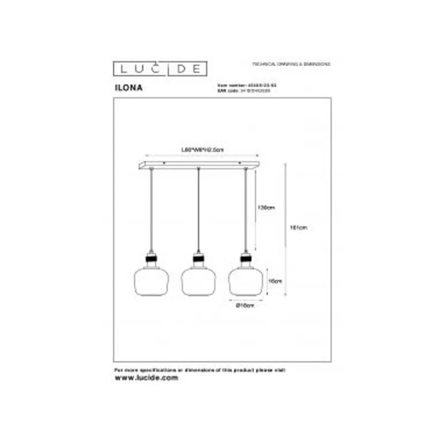 Lucide ILONA Hanglamp-Amber-3xE27-40W-Glas New